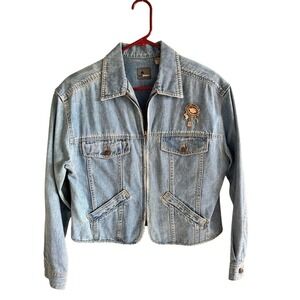Lizwear‎ Womens Western 90s Denim Jacket Blue Zip Front Embroidered Medium